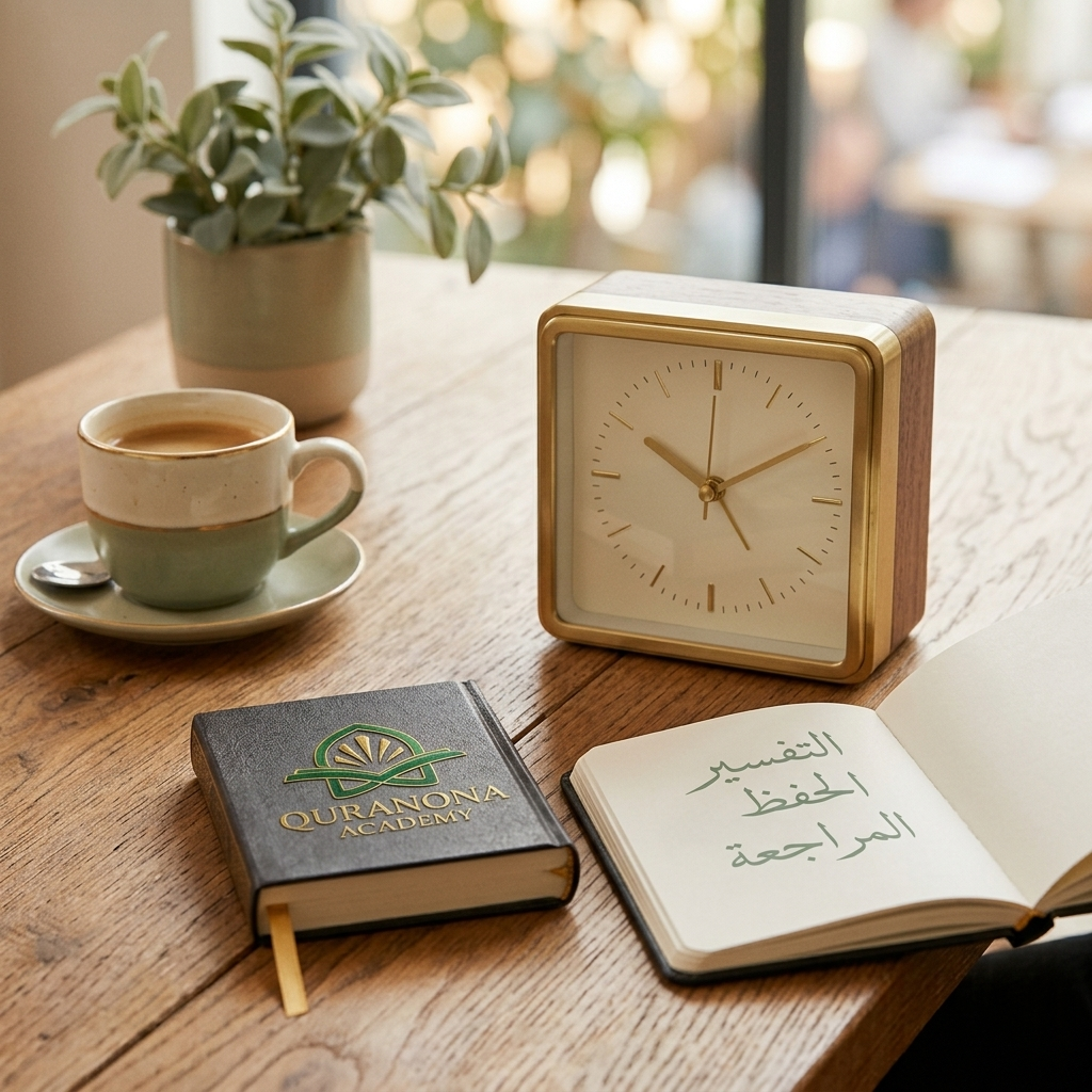 A timer and notebook representing short, consistent daily Arabic practice — Quranona Academy