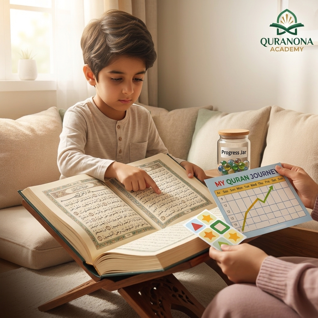 Child learning Quran at home with smiling parent