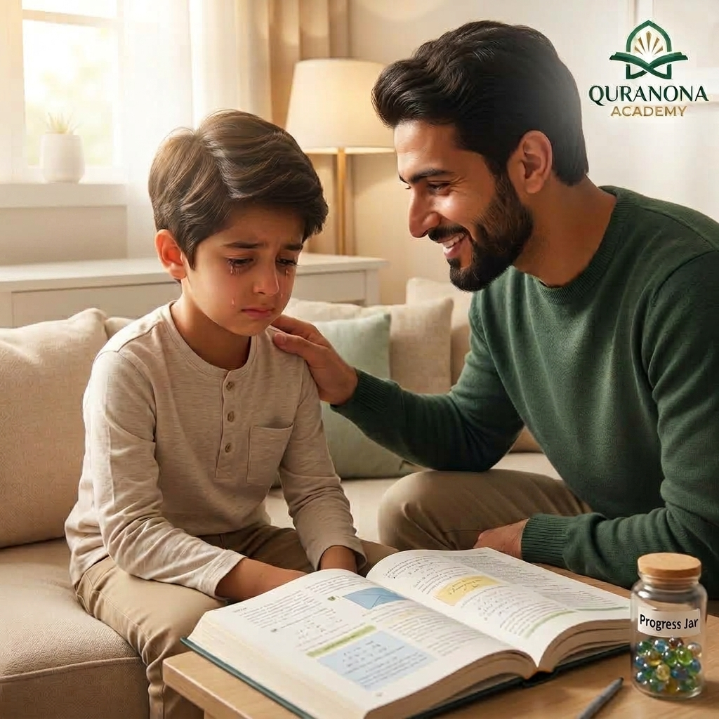 Gentle parent comforting child during Quran revision session