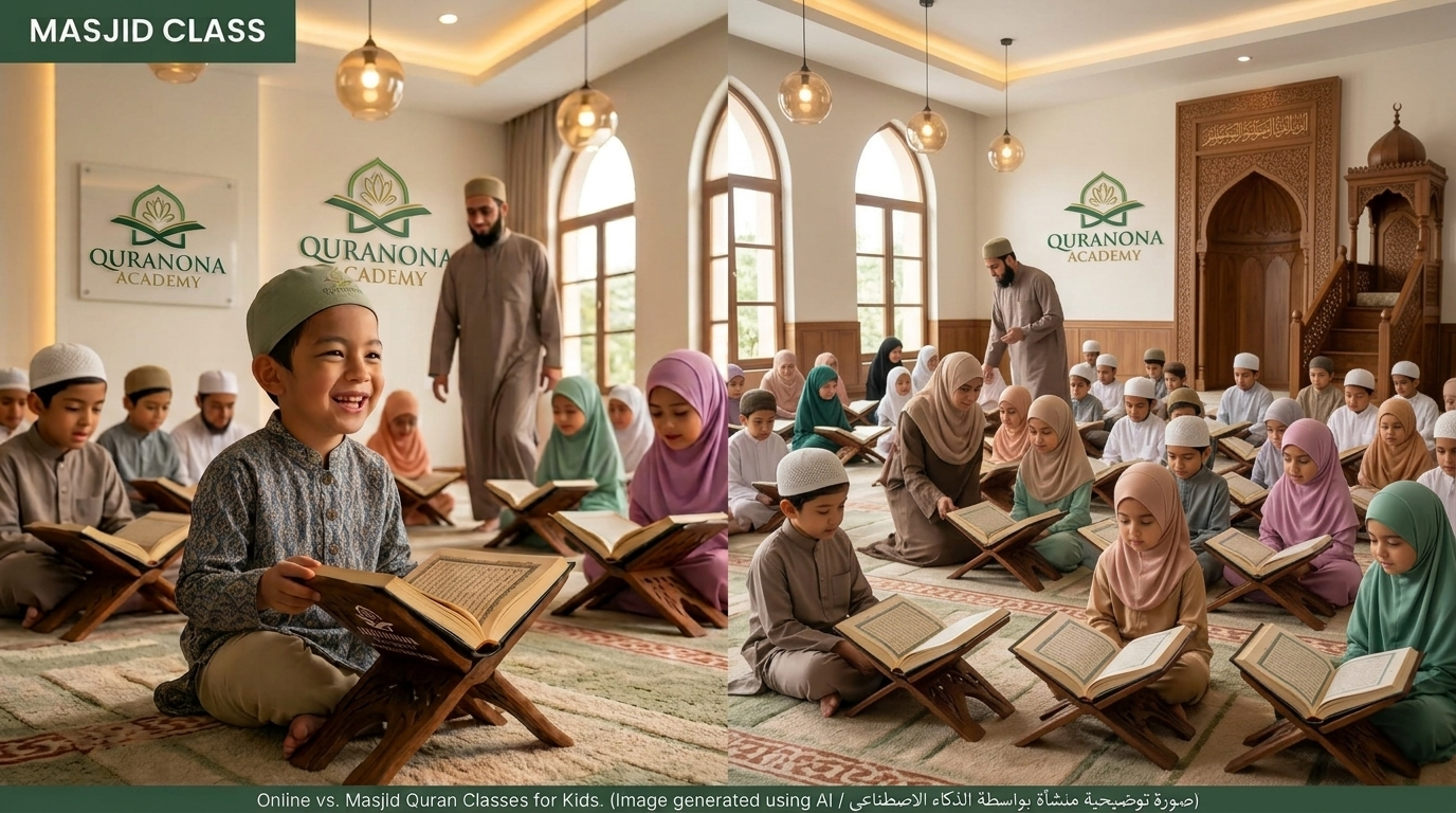 Muslim children learning Quran together in a local masjid classroom