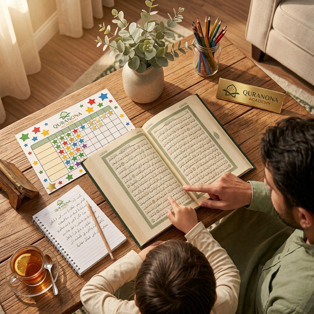Parent and child discussing the meaning of a Quran verse together