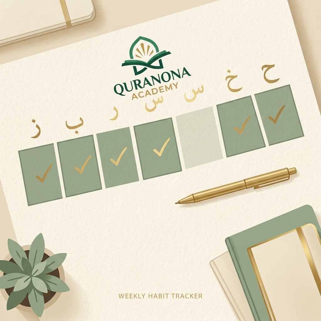A weekly calendar showing consistent short daily Arabic practice with one lighter review day — Quranona Academy