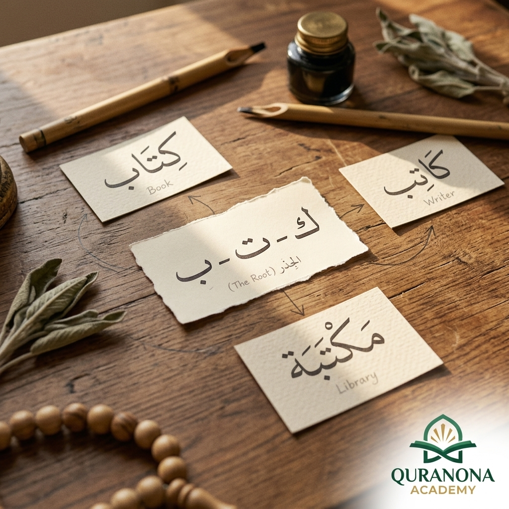 Example of the Arabic three-letter root system connecting related words — Quranona Academy