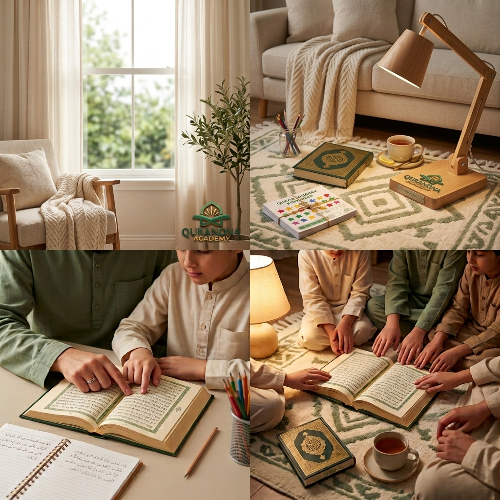 Family gathered in the evening for shared Quran reading and reflection