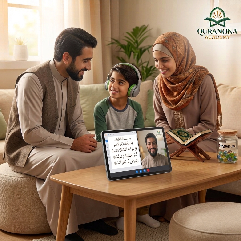 Muslim child engaging in online 1-on-1 Quran class with a tutor
