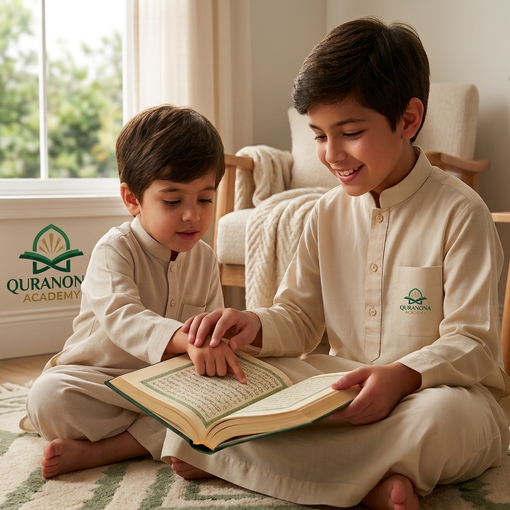 A young Muslim child helping a family member, demonstrating Quranic manners and kindness in daily life
