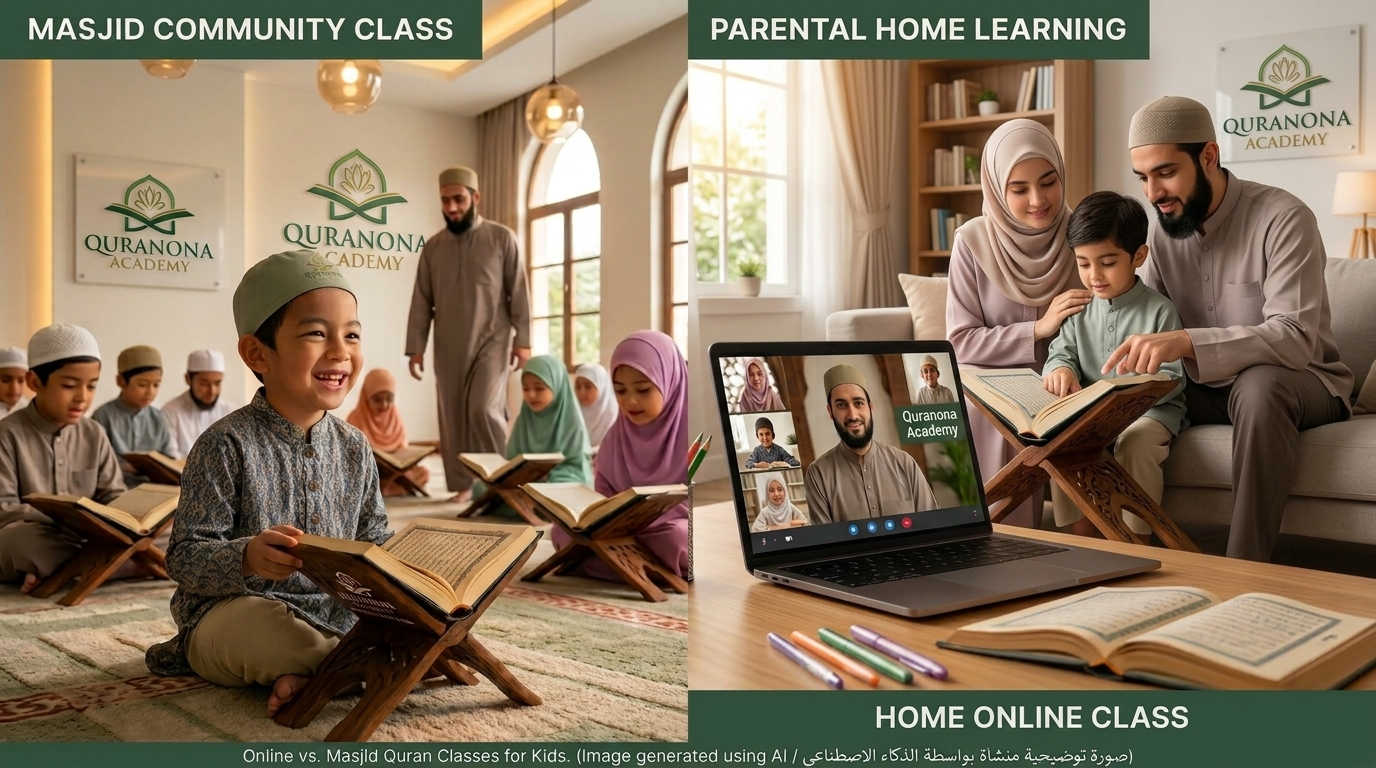 Muslim parents reviewing Quran recitation with their child at home