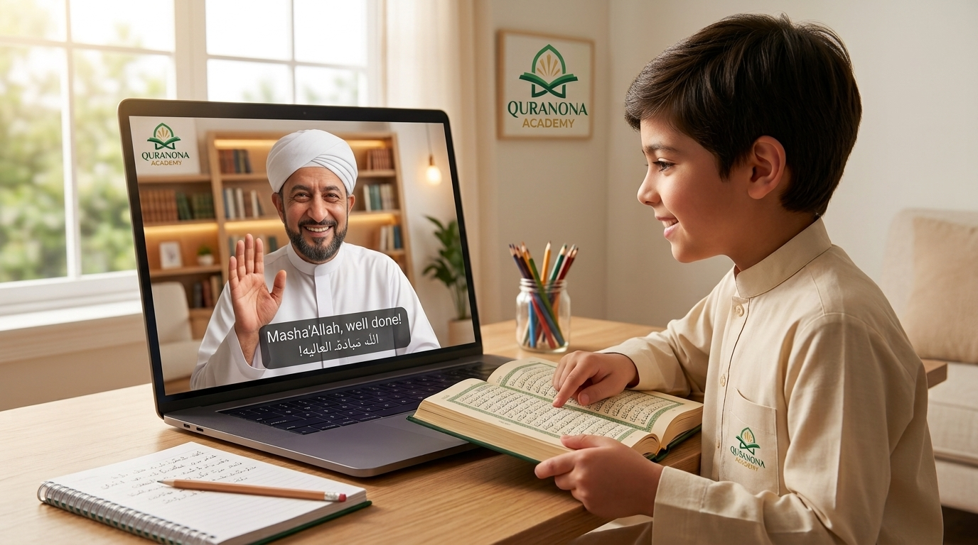 An encouraging Quran teacher in a 1-on-1 online class guiding a young student with patience and a smile
