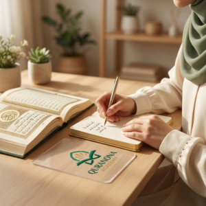 Muslim woman writing notes next to an open Quran for daily habit study