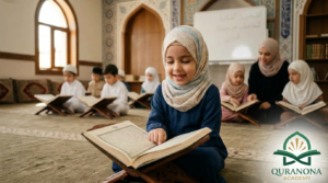 Young Muslim child learning and memorizing Quran with guidance from an online tutor at Quranona Academy