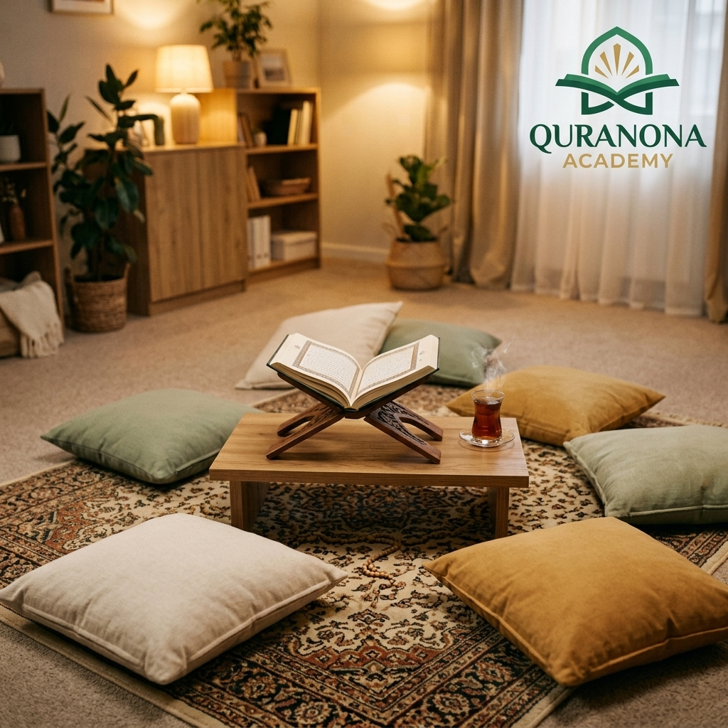 A quiet family gathering space arranged around the Quran — Quranona Academy