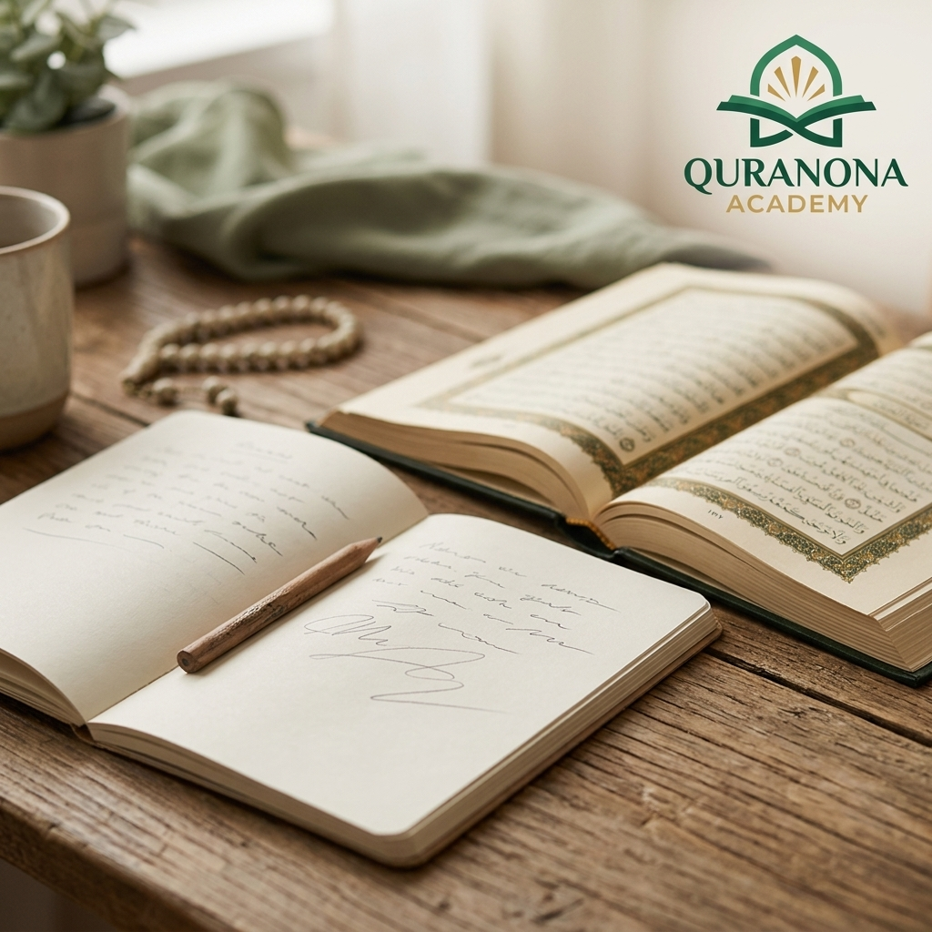 A simple shared family reflection journal beside the Quran — Quranona Academy