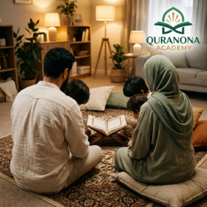 A family gathered together around the Quran in their living room — Quranona Academy
