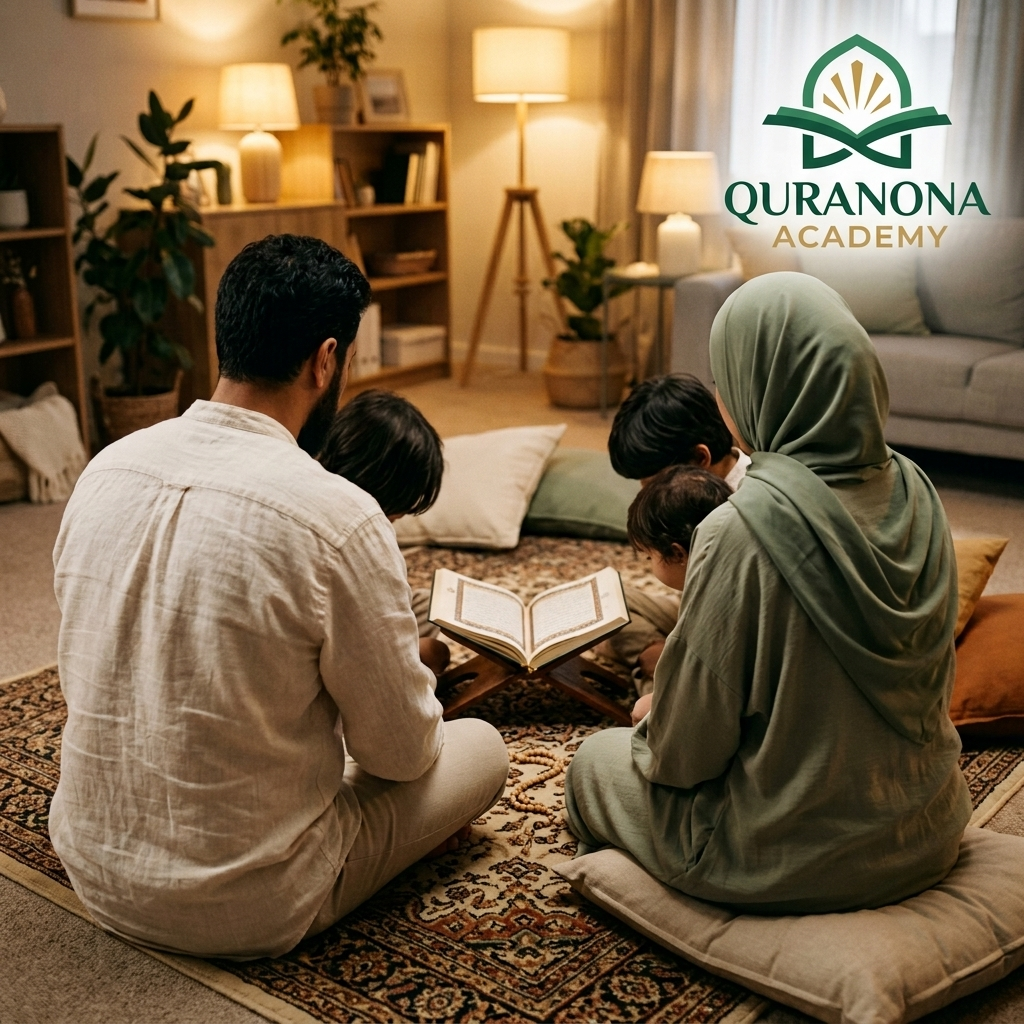 A family gathered together around the Quran in their living room — Quranona Academy