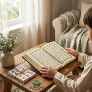 Child's hands holding an open Quran beside a memorization progress chart