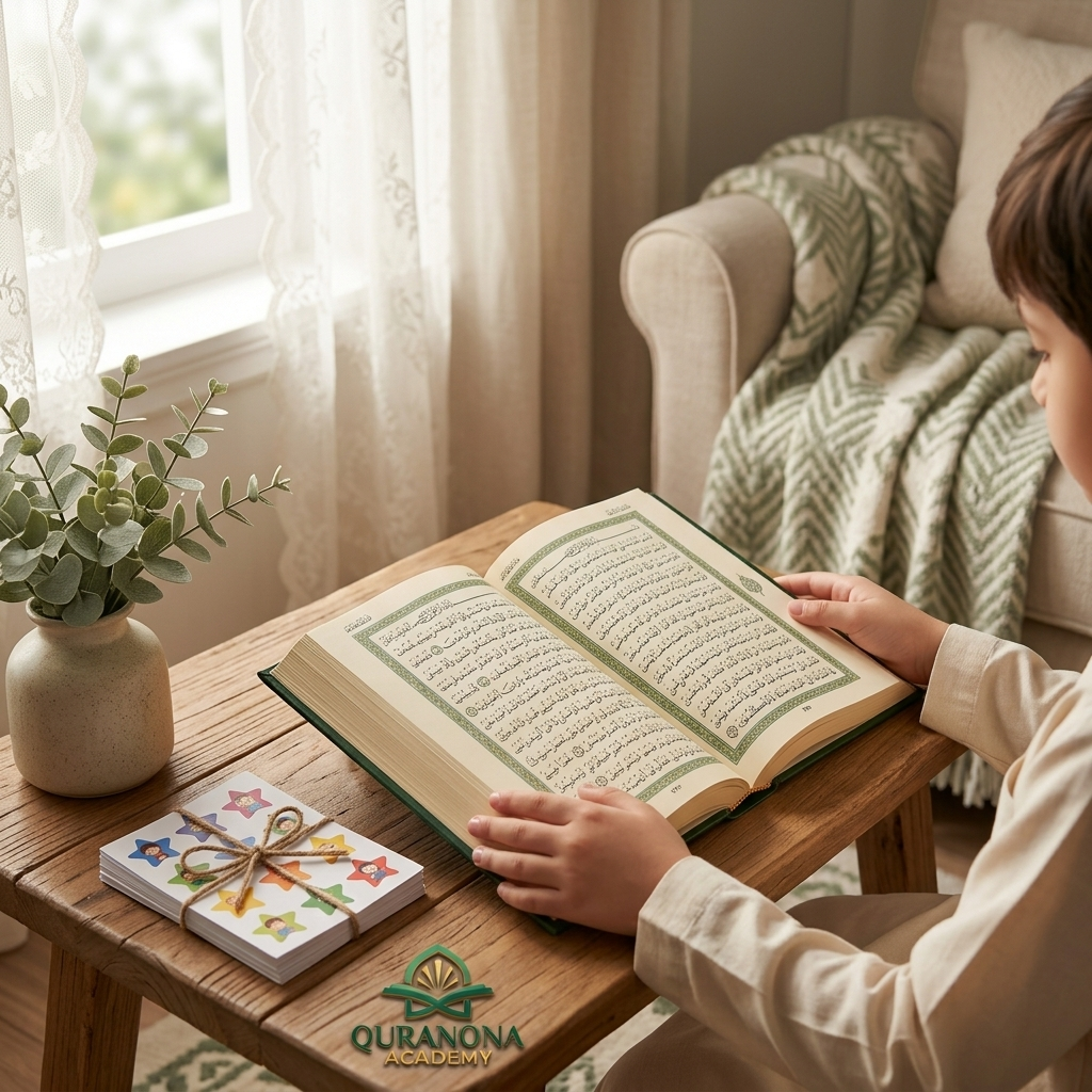 Child's hands holding an open Quran beside a memorization progress chart