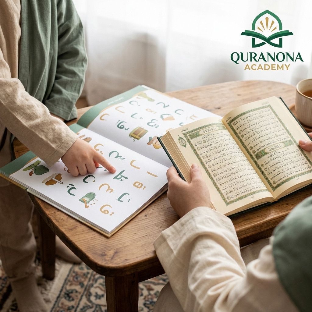 Parent and child engaging with the Quran together at their own levels — Quranona Academy