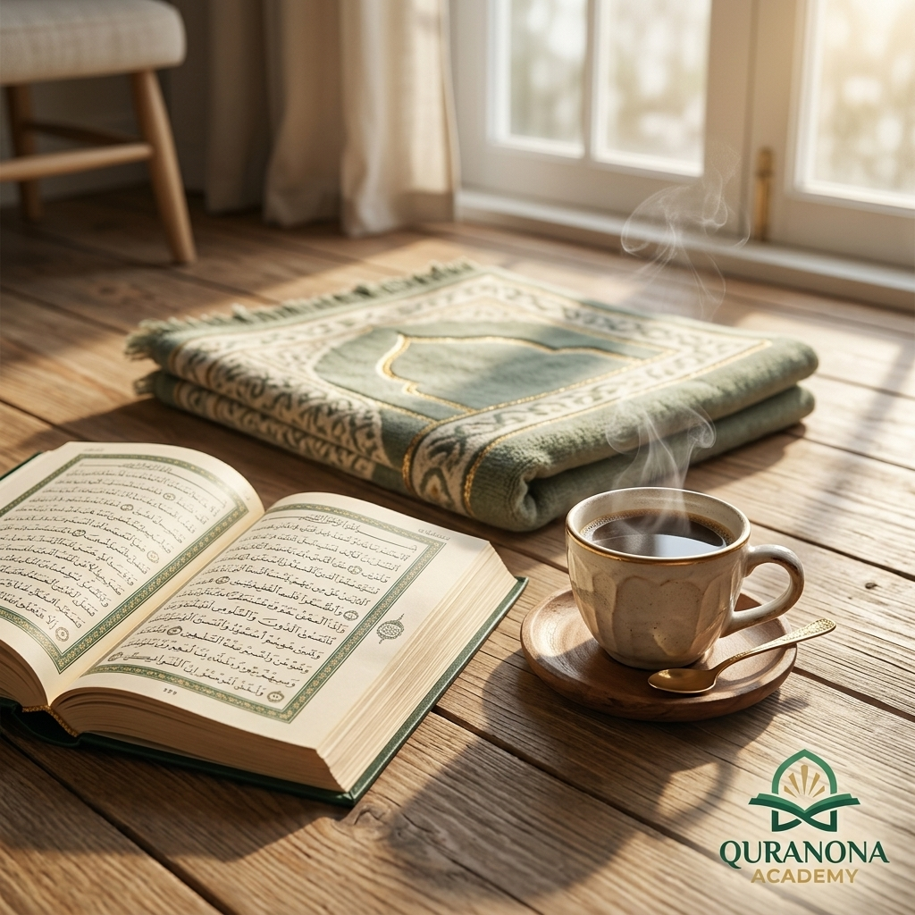 Quran placed beside morning coffee, symbolizing habit stacking — Quranona Academy