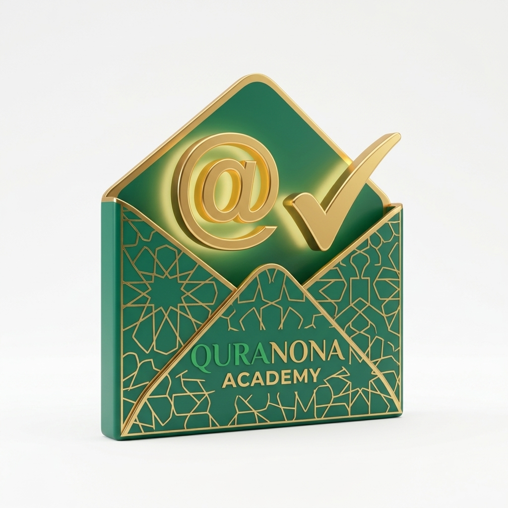 3D email envelope icon with golden checkmark and at symbol for Quranona Academy contact