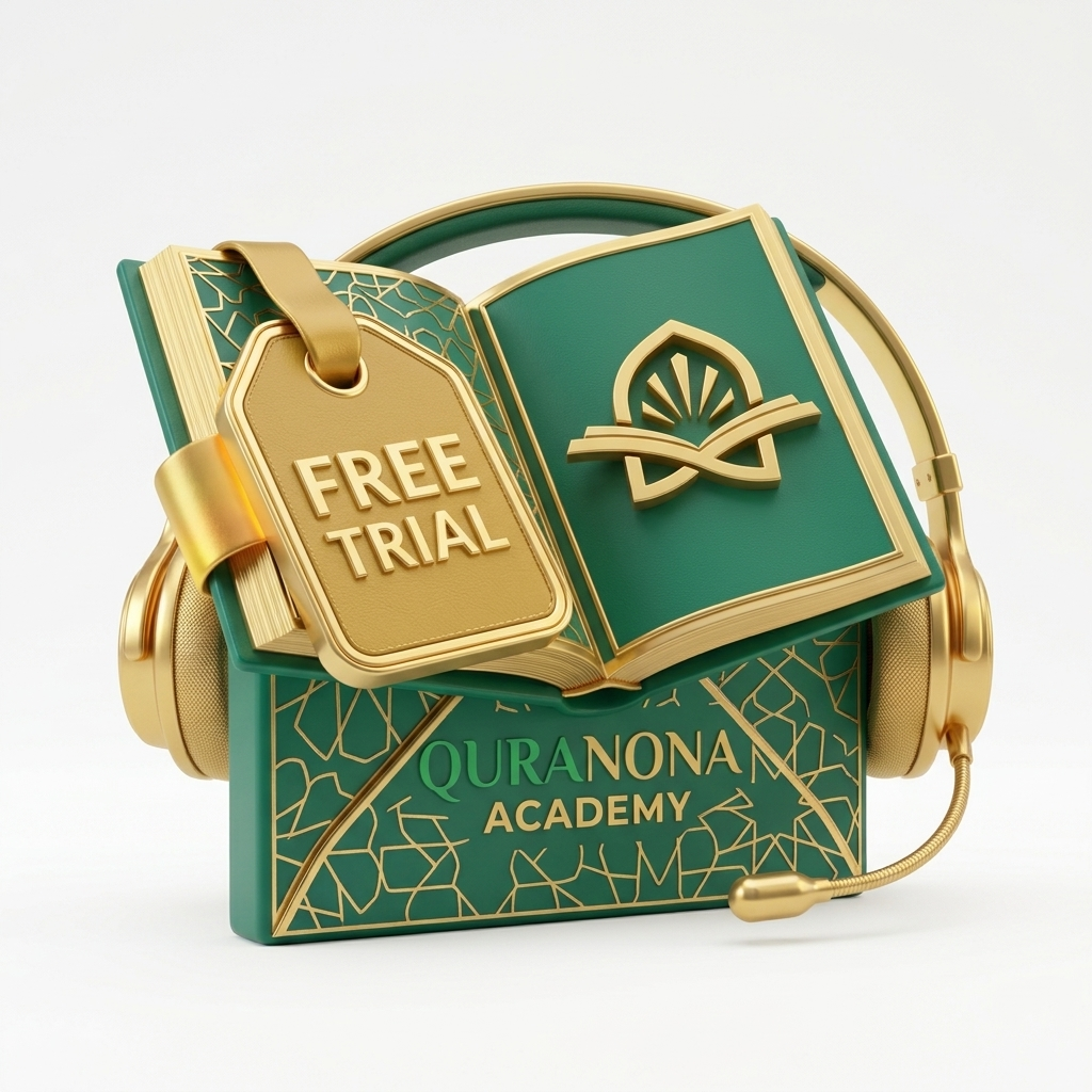 3D Quran book with golden free trial tag and headphones for Quranona Academy trial classes
