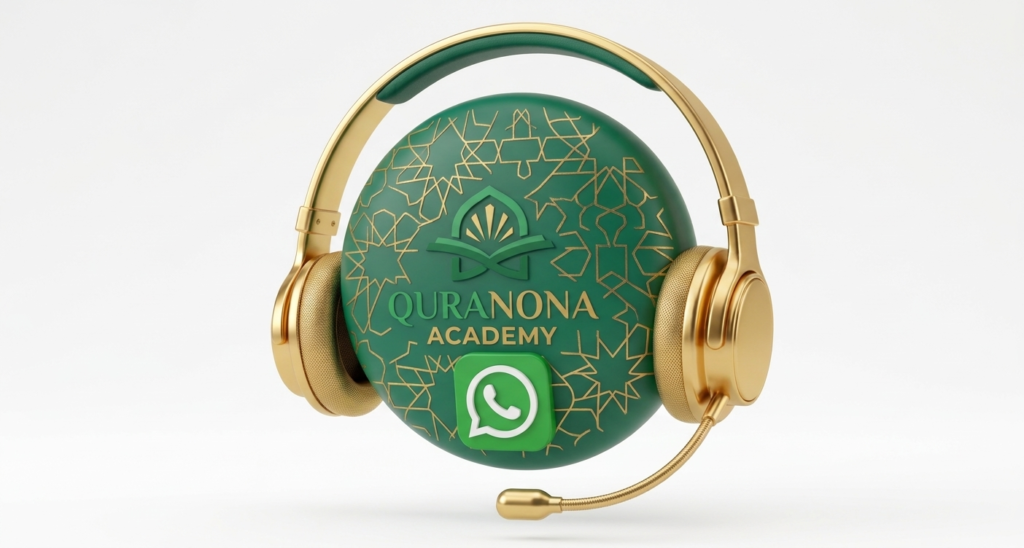 3D WhatsApp support icon with gold headset and Islamic geometry for Quranona Academy