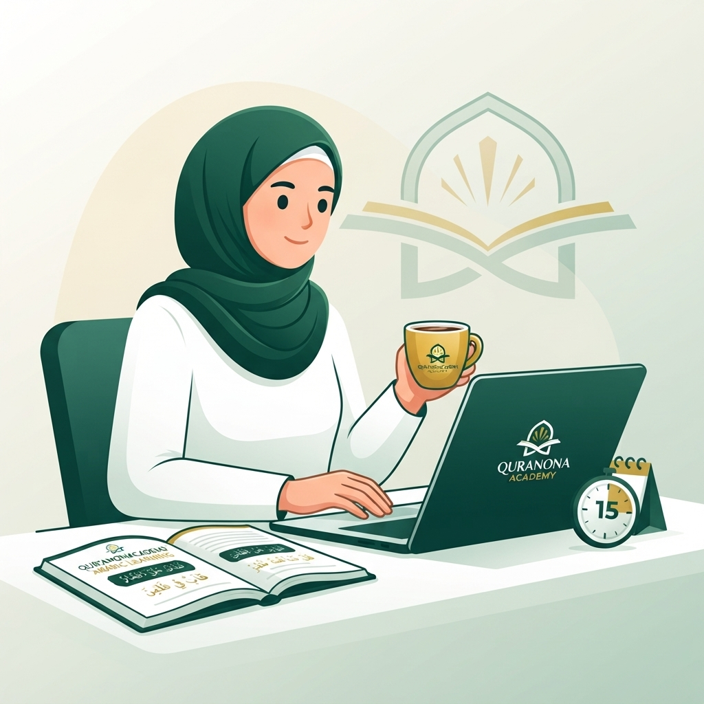 Busy professional learning Arabic online at a desk with a 15-minute timer