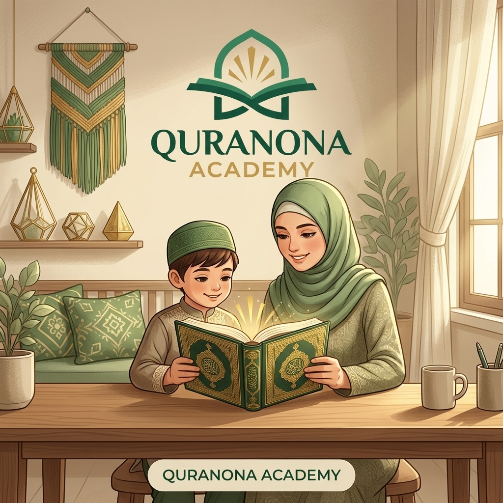 Muslim mother learning Quran and reading together with her child at home