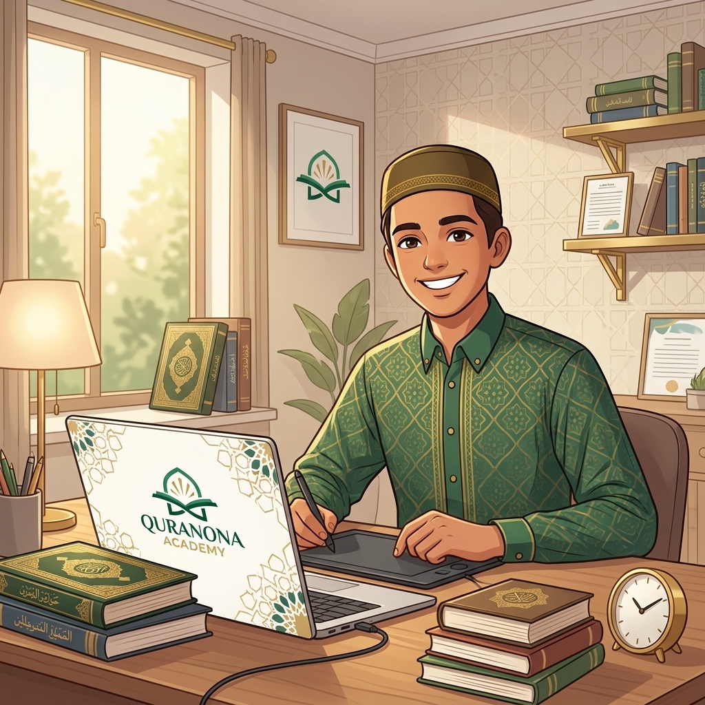 Muslim teenager studying confidently at a desk with modern books and laptop