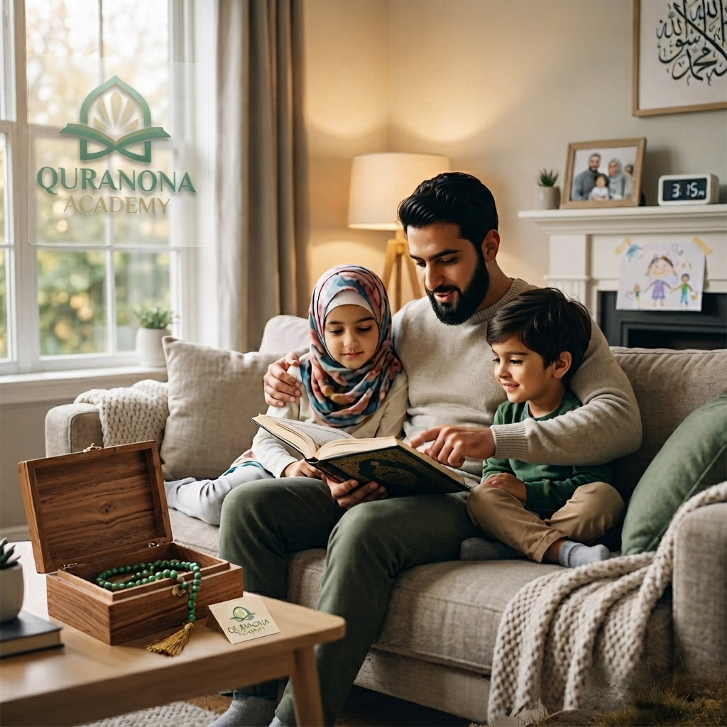 A Muslim family embracing the spiritual routine and blessings of Friday together at home.