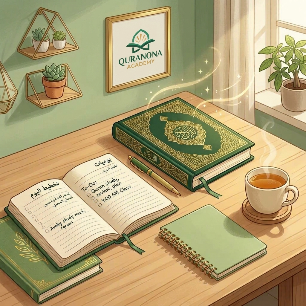 Cozy study desk setup with planner and Quran for daily habit building