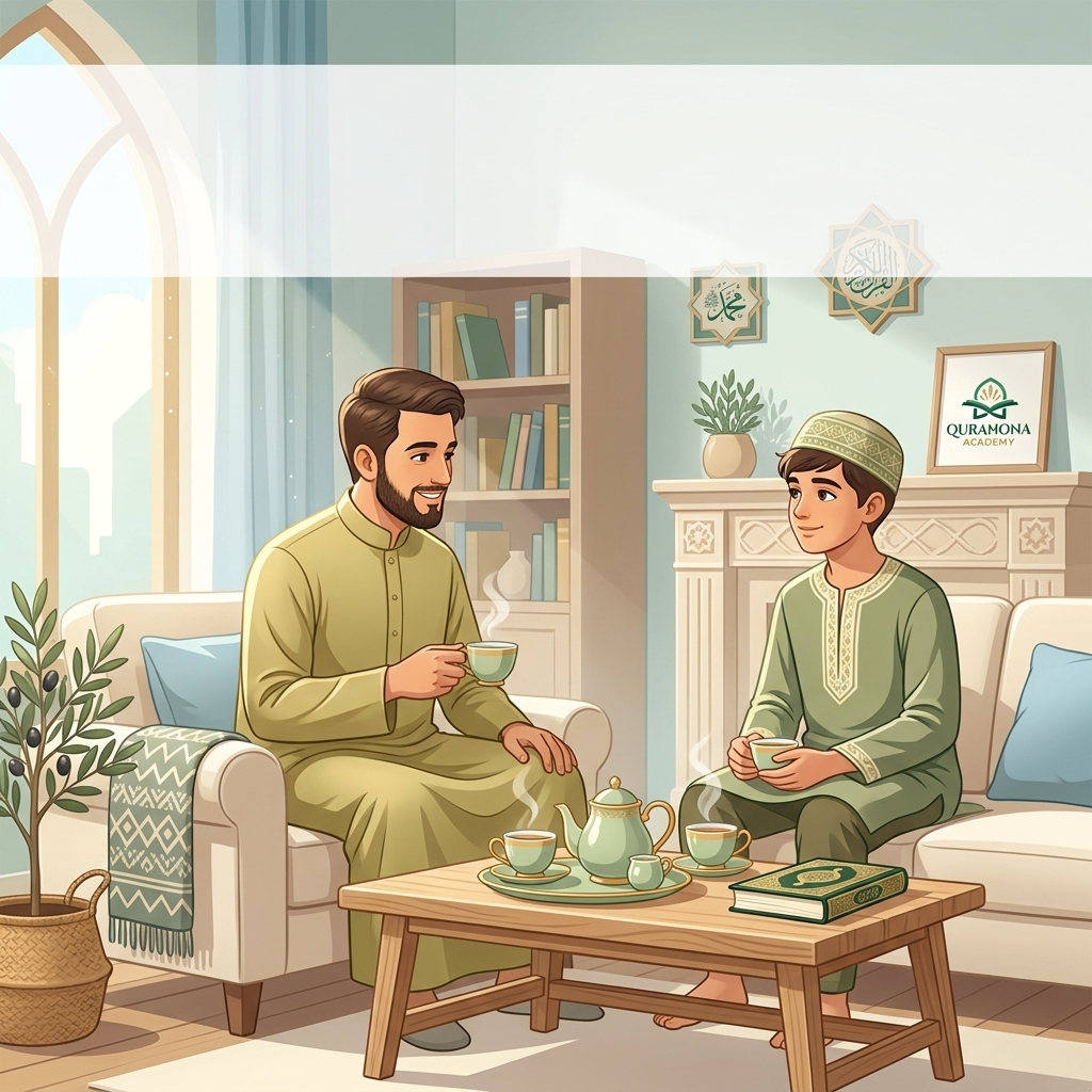Muslim parent and teenager having a calm and gentle conversation at home