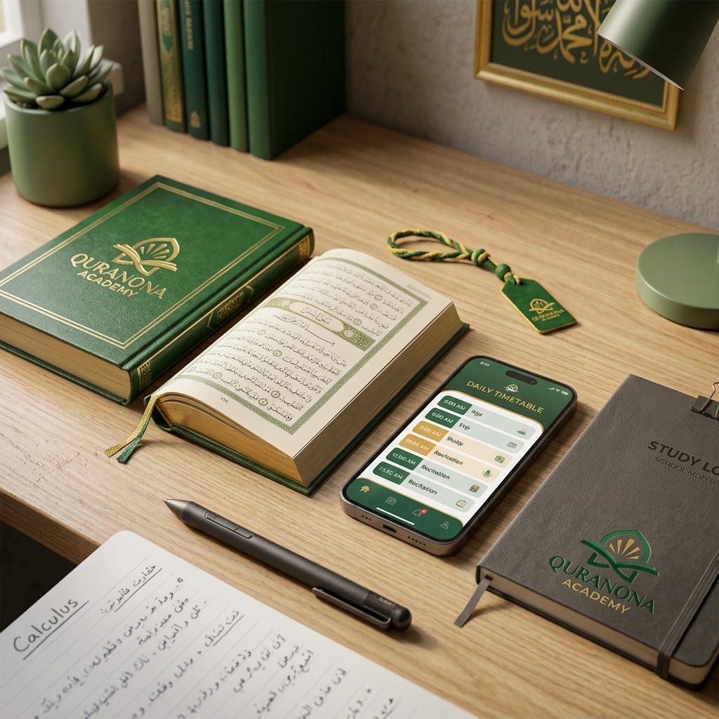 Open Holy Quran next to a daily study planner app on a smartphone