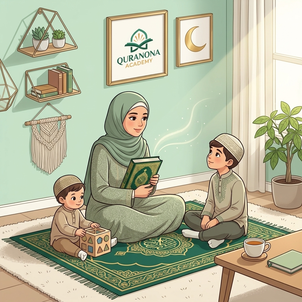 Mother engaging in shared Quran recitation and learning with children of different ages