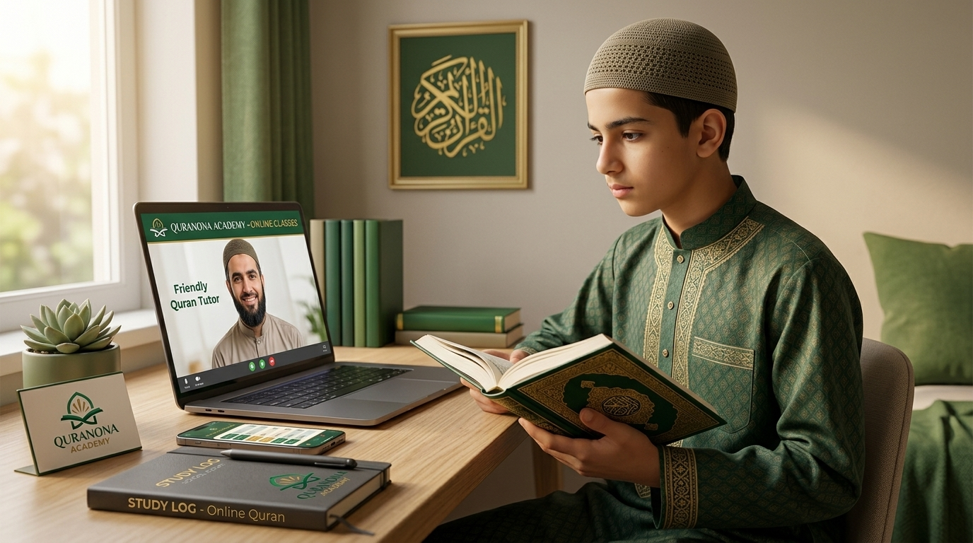 Teenage student attending a live 1-on-1 online Quran lesson on a laptop