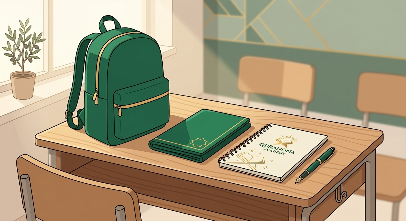 School backpack and portable prayer mat set up for a Muslim student