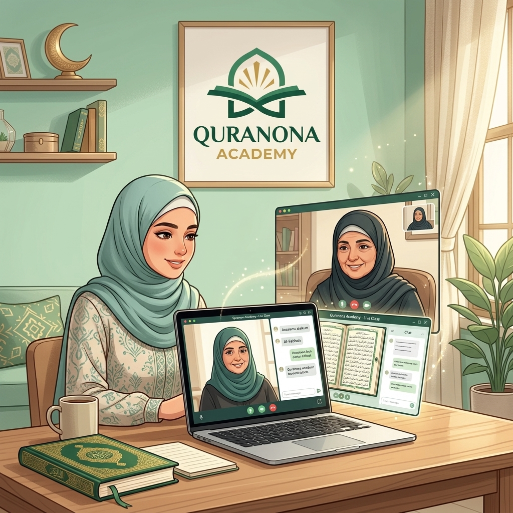 Muslim mother taking live 1-on-1 online Quran and Tajweed classes at home
