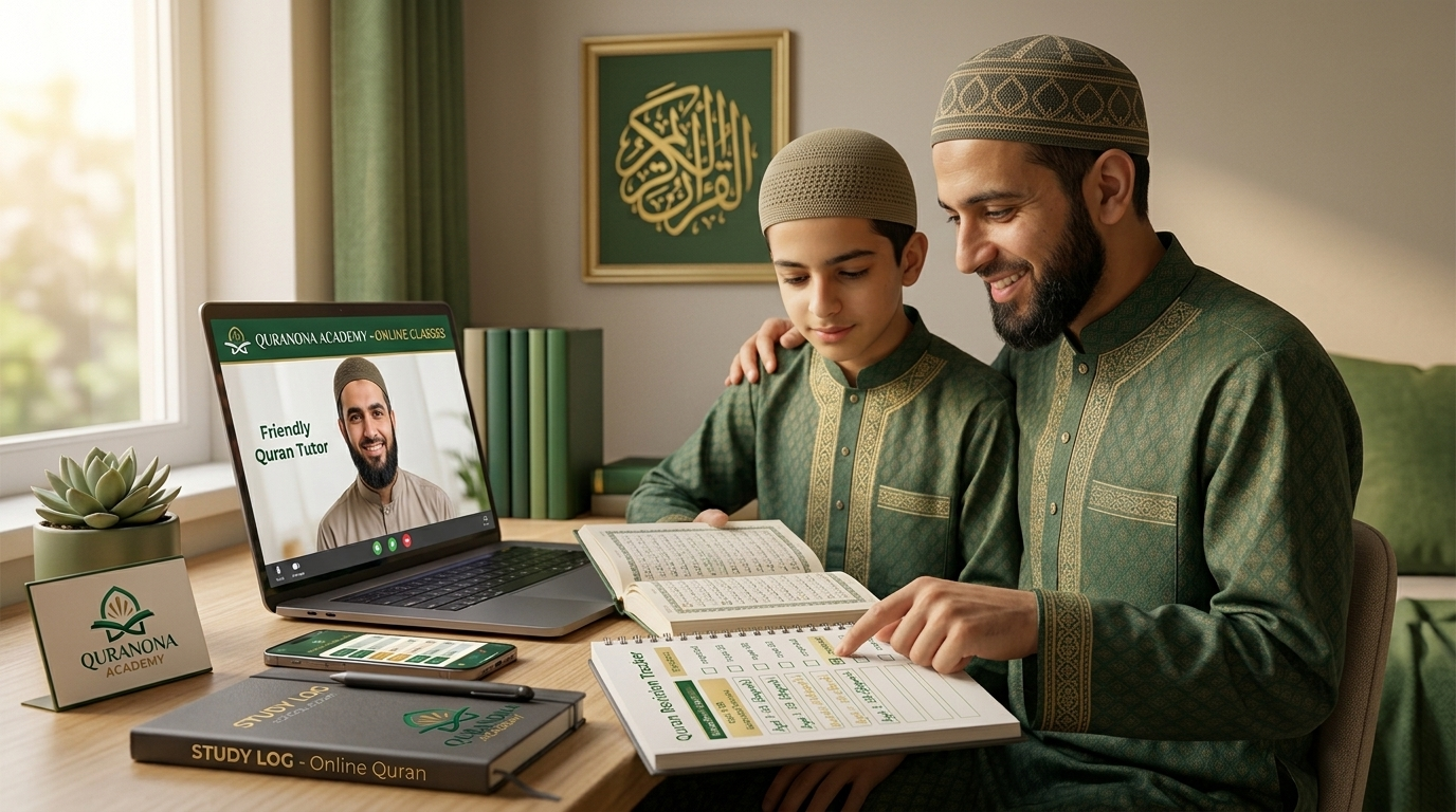 Supportive parent helping their teenage child review their Quran memorization progress