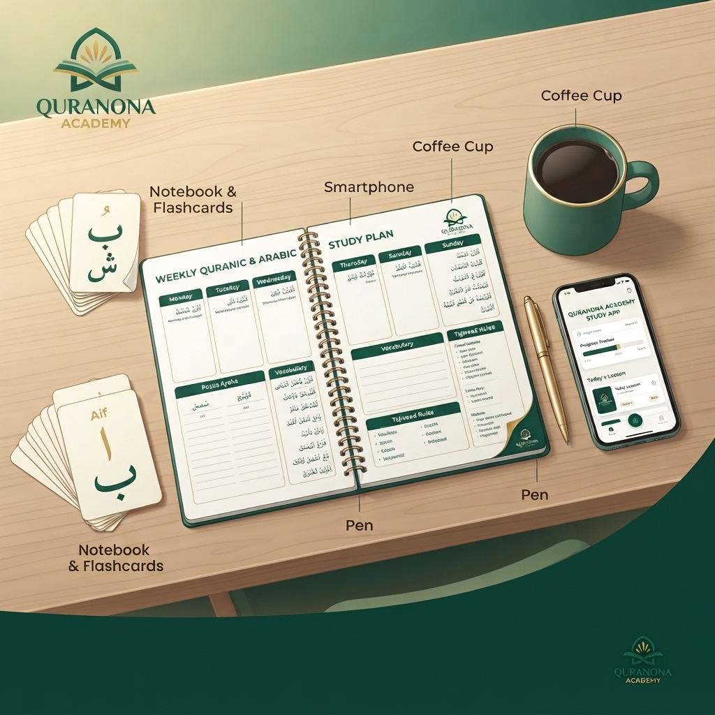 Weekly 15-minute Arabic learning study plan and vocabulary flashcards