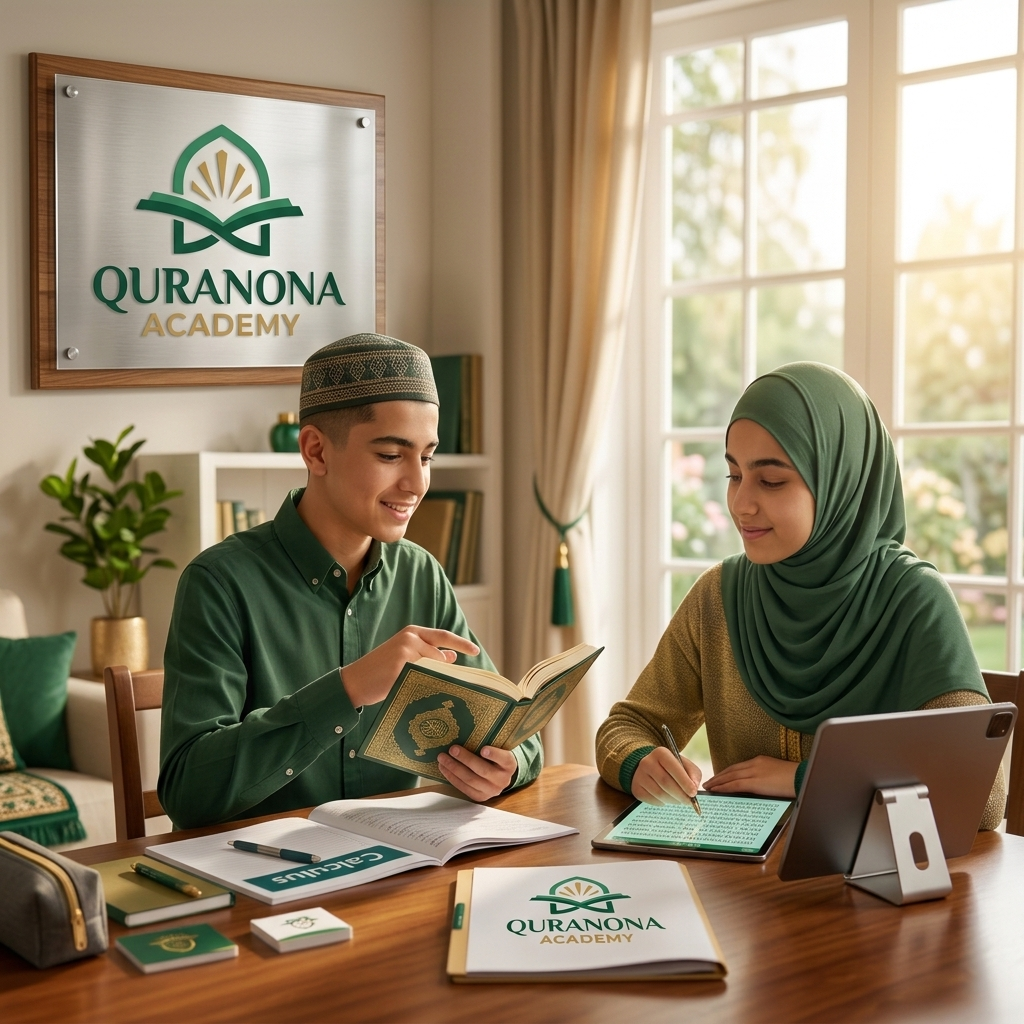 Teenage Muslim student balancing Quran memorization and school studies at a desk